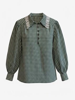 Vintage | Green Gingham Lace Trimmed Blouse